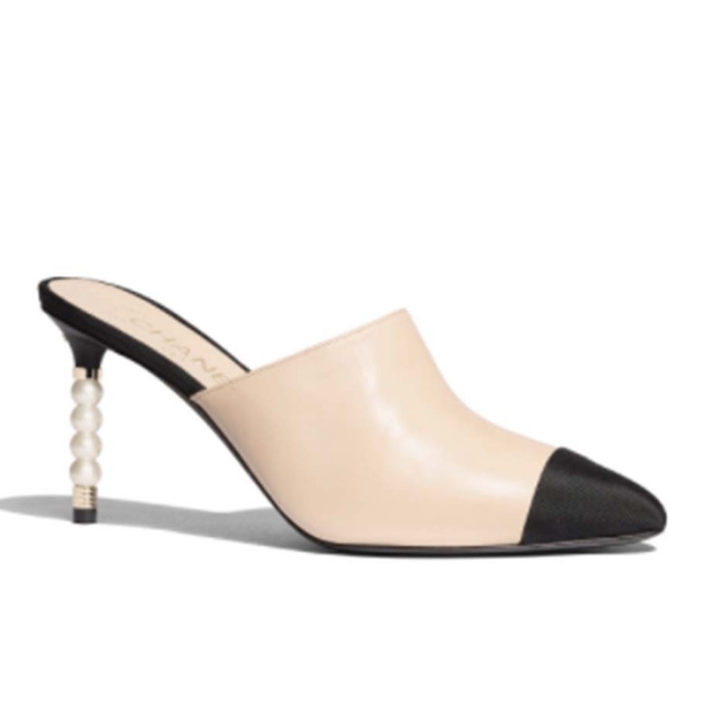 Chanel Leather Cap Toe & Pearl Track Heels Mules/Slides